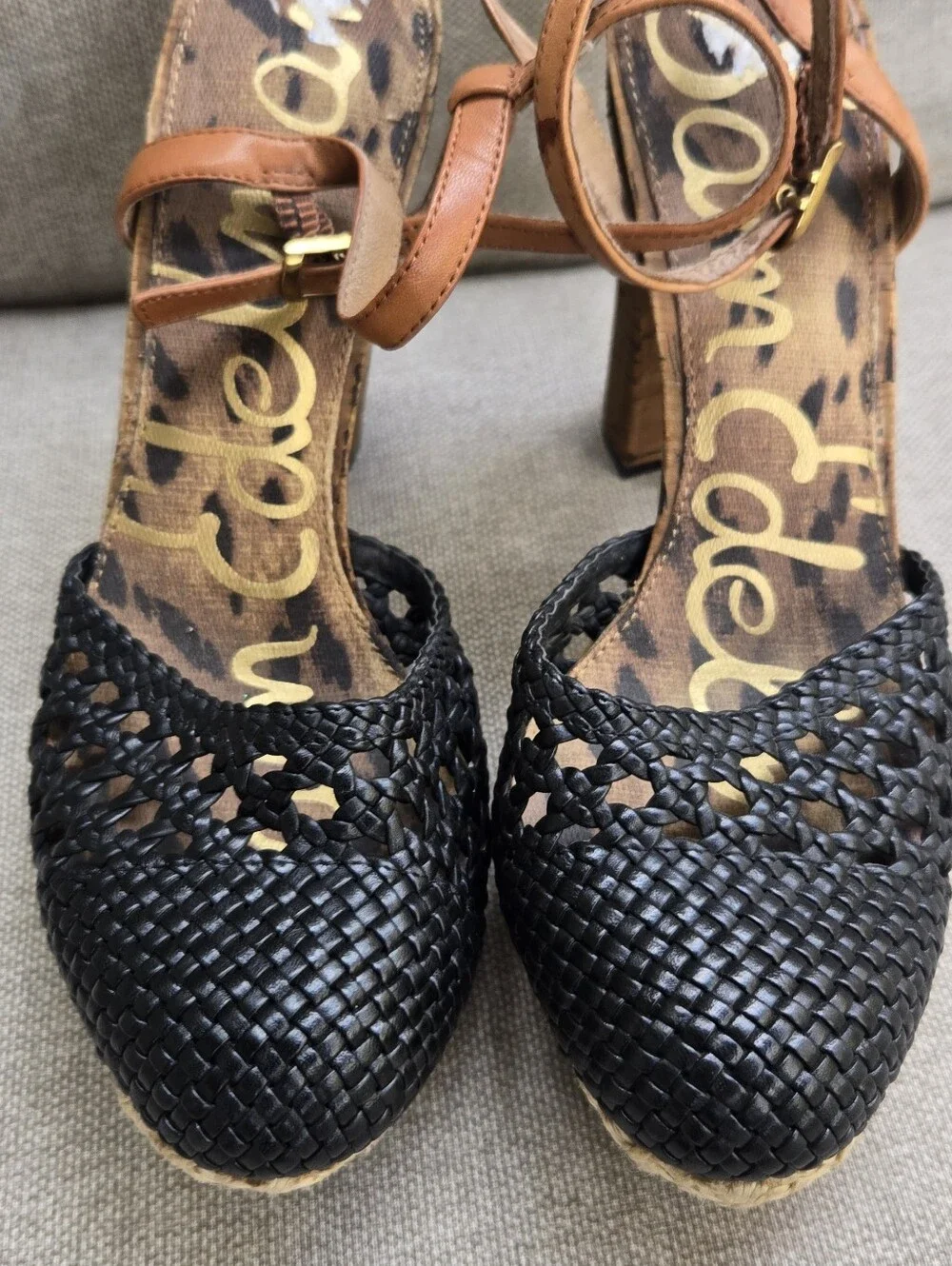 Sam Edelman Rella Black Woven Platform Sandal with Tan Ankle Strap